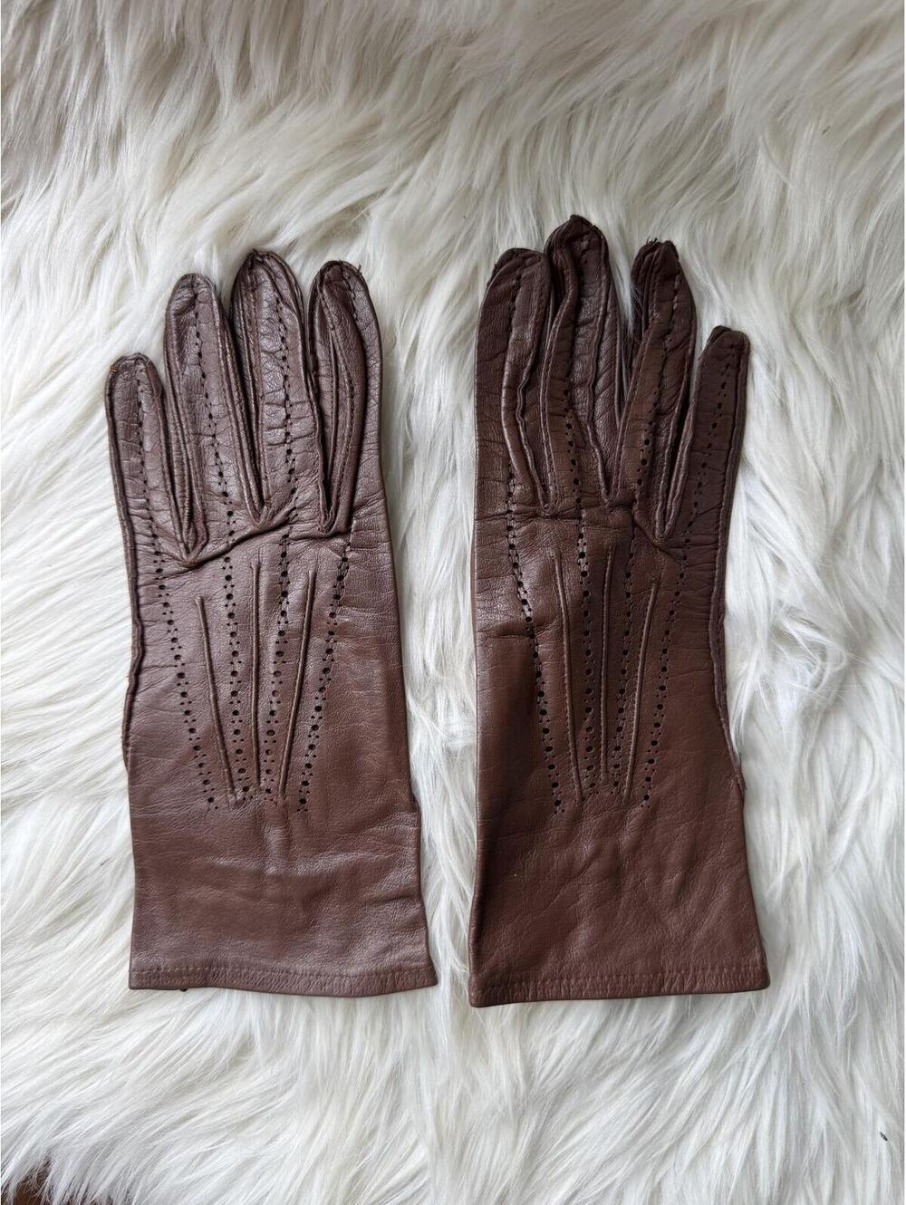 Vintage Brown Leather Gloves with Perforated Design